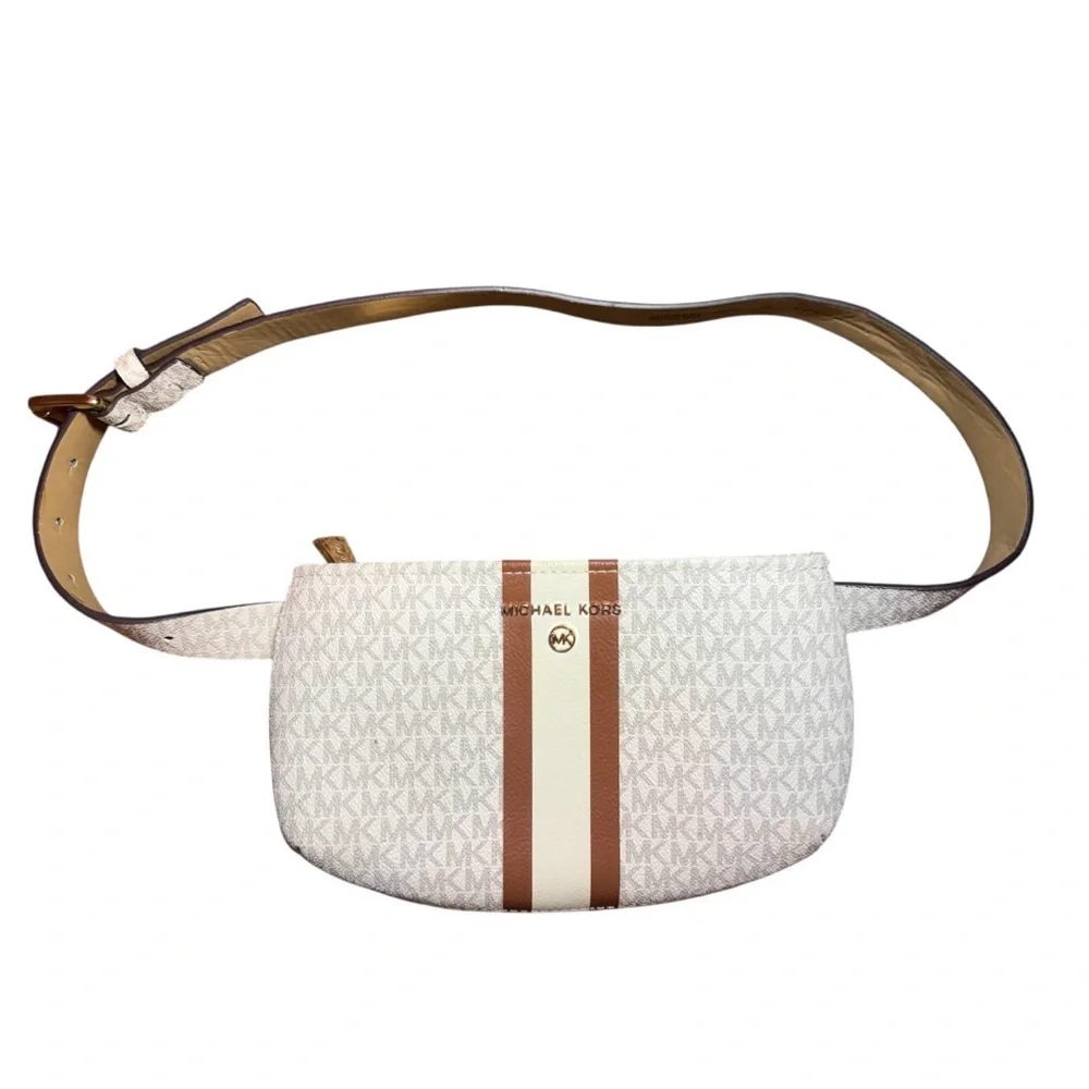 Michael Kors Logo Fanny Pack Off White Light Brown With Gold Hardware SizeS/M - Picture 2 of 7